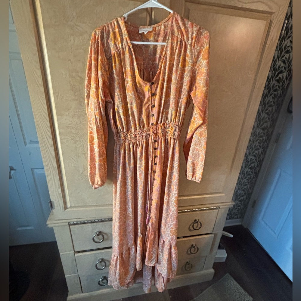 Boemo Womens Orange Pink Floral Puff Sleeve Elastic Waist Pockets Slit Dress M